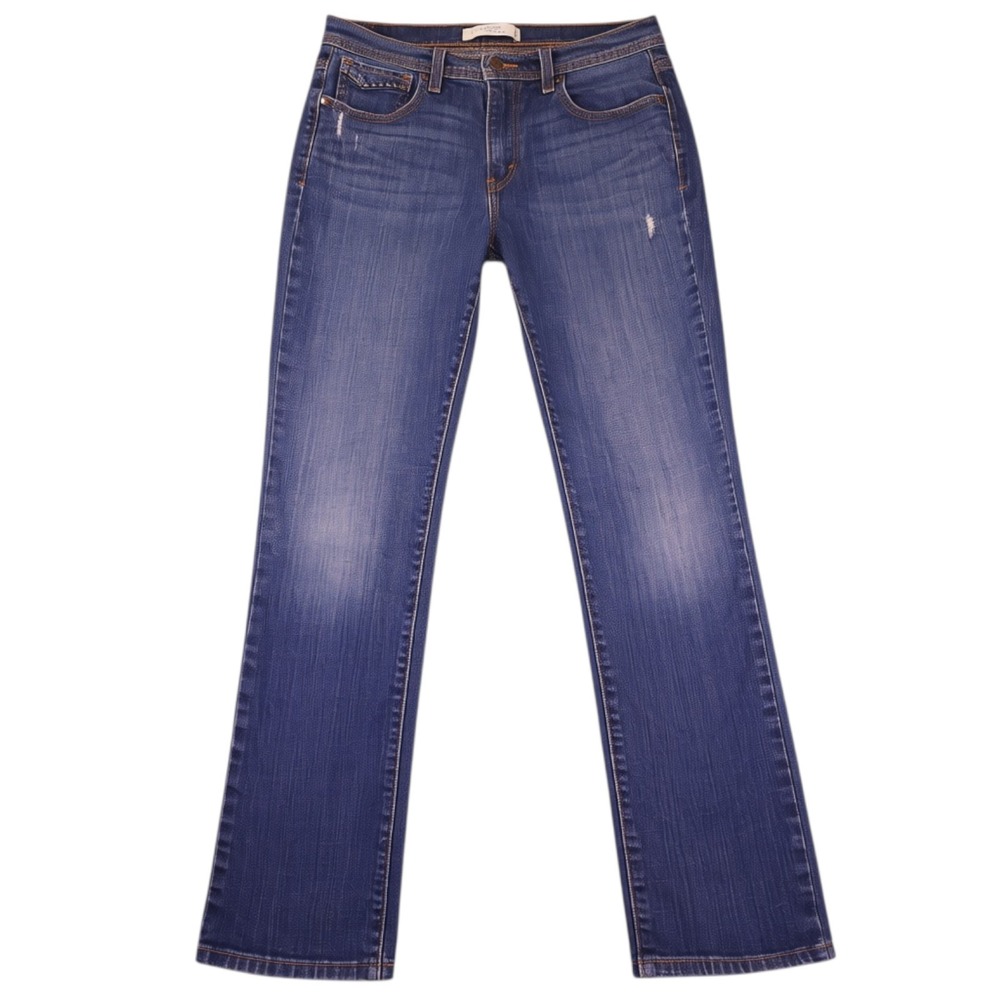 Levis 505 Straight Leg Jeans Womens 8 Blue Distressed Stretch Denim Embroidered